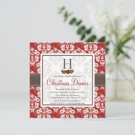 Monogram Damask Holly Berry kerstdiner Invit Kaart (Staand voorkant)