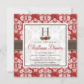 Monogram Damask Holly Berry kerstdiner Invit Kaart (Voorkant)