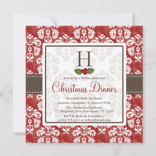 Monogram Damask Holly Berry kerstdiner Invit Kaart (Voorkant)