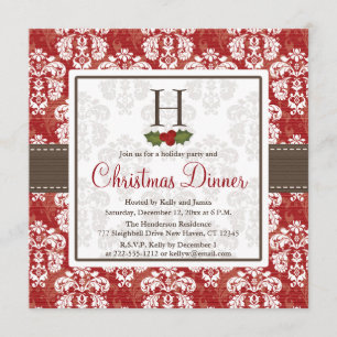Monogram Damask Holly Berry kerstdiner Invit Kaart
