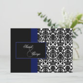 monogram damask navy bruiloft kaart (Staand voorkant)