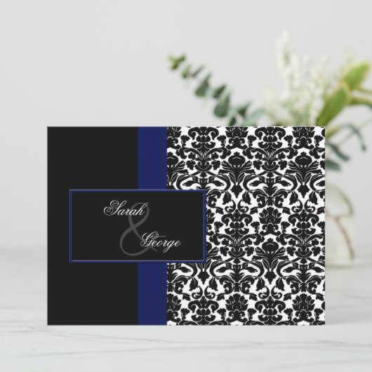 monogram damask navy bruiloft kaart (Staand voorkant)