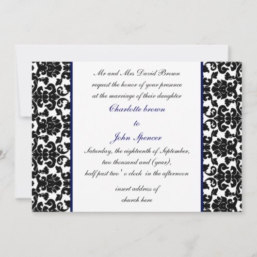 monogram damask navy bruiloft kaart (Achterkant)