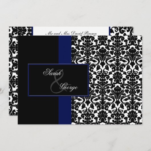 monogram damask navy bruiloft kaart (Voorkant / Achterkant)