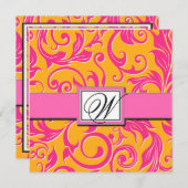 Monogram Damask Oranje & Roze bruiloft Uitnodiging (Voorkant / Achterkant)