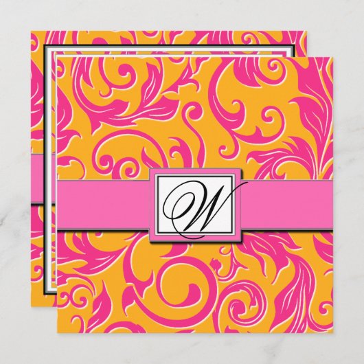 Monogram Damask Oranje & Roze bruiloft Uitnodiging (Voorkant / Achterkant)