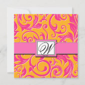 Monogram Damask Oranje & Roze bruiloft Uitnodiging (Voorkant)