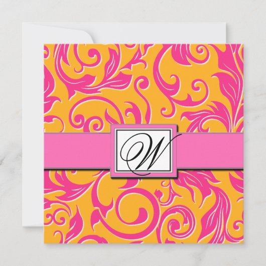 Monogram Damask Oranje & Roze bruiloft Uitnodiging (Voorkant)