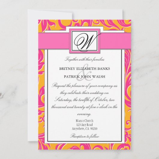 Monogram Damask Oranje & Roze bruiloft Uitnodiging (Achterkant)