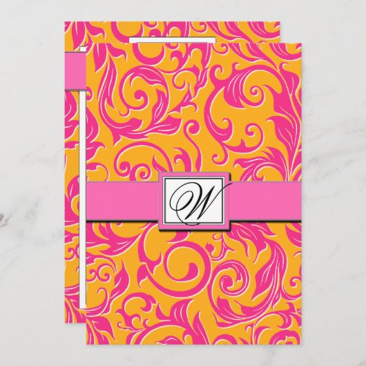 Monogram Damask Oranje & Roze bruiloft Uitnodiging (Voorkant / Achterkant)