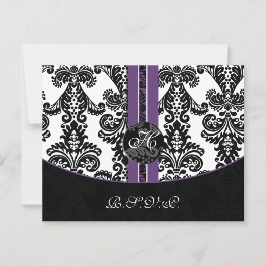 Monogram Damask paarse RSVP-kaarten RSVP Kaartje (Voorkant)