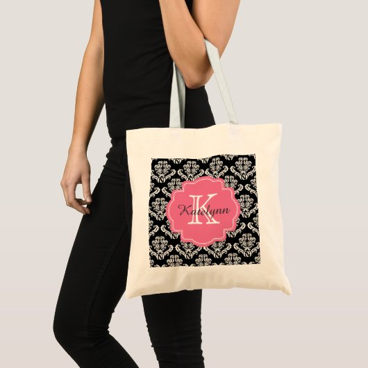 Monogram Damask Patroon met Roze Aangepaste Canvas Tote Bag (Voorkant (product))