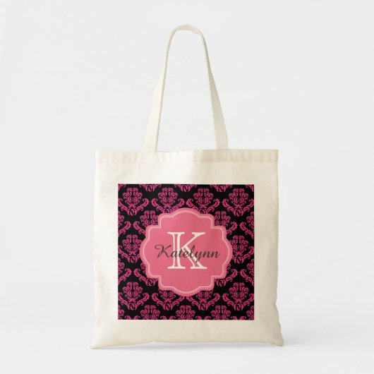 Monogram Damask Patroon met Roze Aangepaste Canvas Tote Bag (Voorkant)