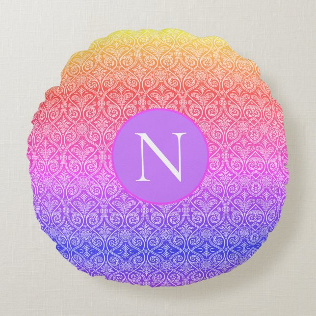 Monogram  Damask Rainbow Pattern Modern Rond Kussen (Voorkant)