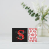 Monogram Damask Red Black Grey Grey Stylish Modern Visitekaartje (Staand voorkant)