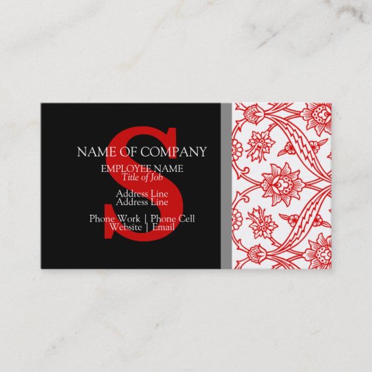 Monogram Damask Red Black Grey Grey Stylish Modern Visitekaartje (Voorkant)