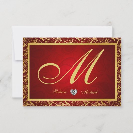 Monogram Damask Red/Gold RSVP-kaarten RSVP Kaartje (Voorkant)