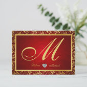 Monogram Damask Red/Gold RSVP-kaarten RSVP Kaartje (Staand voorkant)
