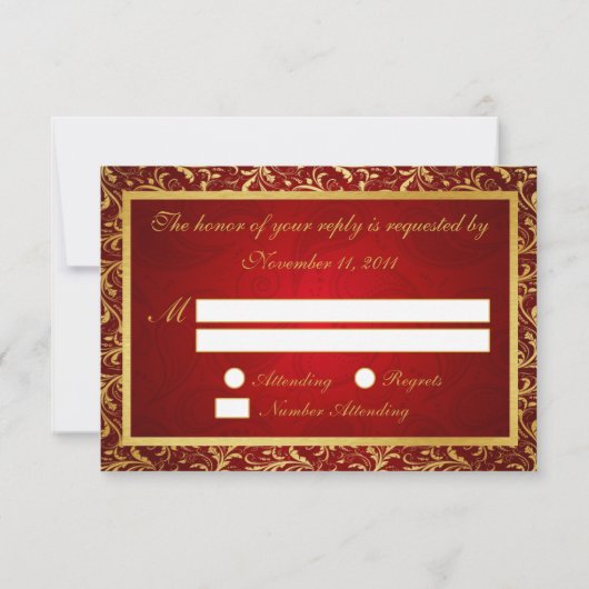 Monogram Damask Red/Gold RSVP-kaarten RSVP Kaartje (Achterkant)