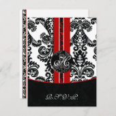 Monogram Damask Red RSVP-kaarten RSVP Kaartje (Voorkant / Achterkant)