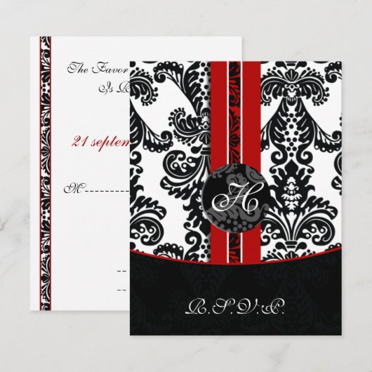 Monogram Damask Red RSVP-kaarten RSVP Kaartje (Voorkant / Achterkant)