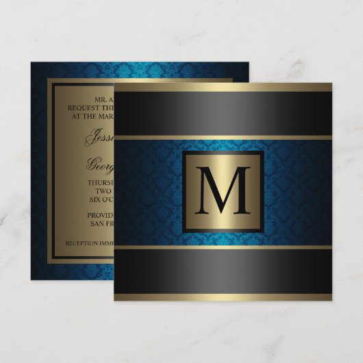 Monogram Damask Royal Blue, Black en Gold Kaart (Voorkant / Achterkant)
