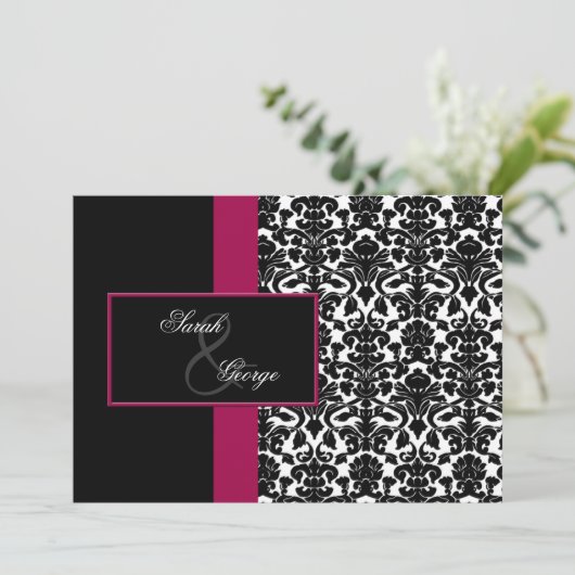 monogram damask roze bruiloft kaart (Staand voorkant)