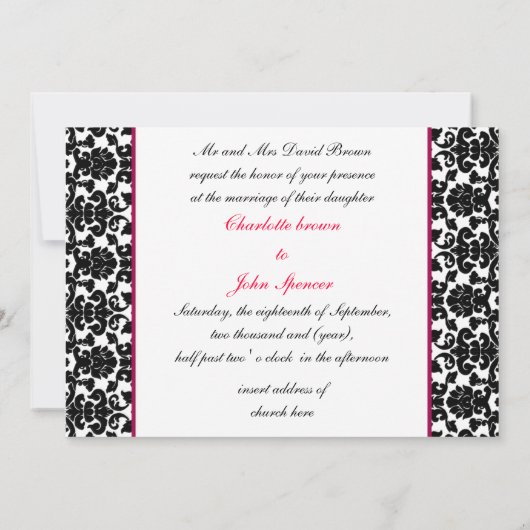 monogram damask roze bruiloft kaart (Achterkant)