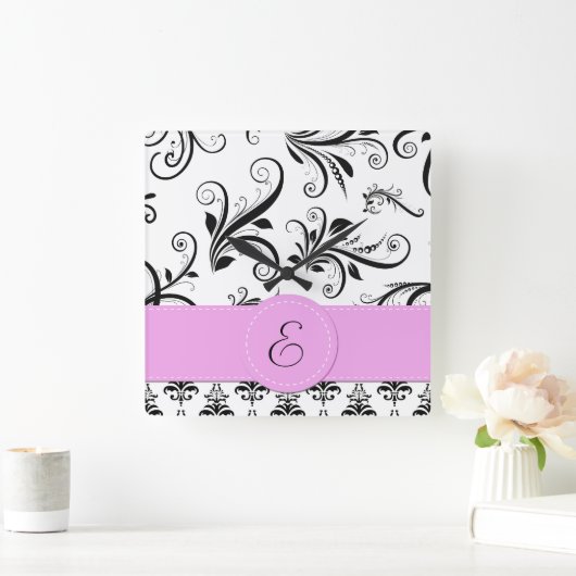 Monogram - Damask, siervoorwerpen, Swirls - Black  Vierkante Klok (Huis)