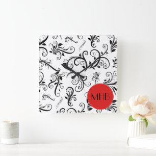 Monogram - Damask, siervoorwerpen, Swirls - Black  Vierkante Klok