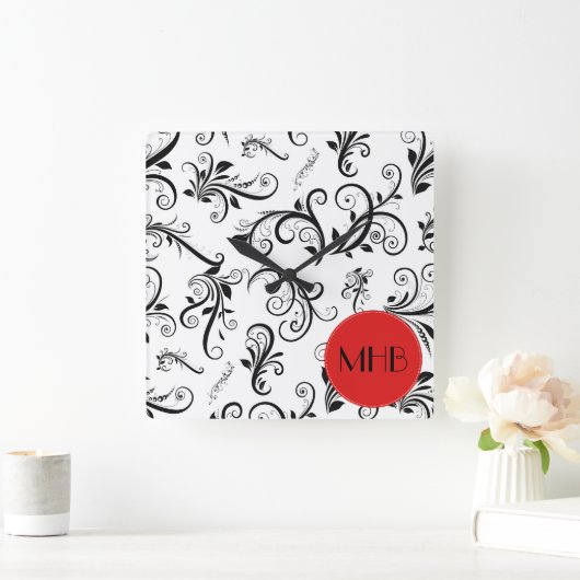 Monogram - Damask, siervoorwerpen, Swirls - Black  Vierkante Klok (Huis)