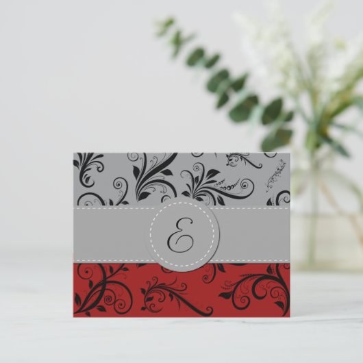 Monogram - Damask, siervoorwerpen, Swirls - Red Bl Briefkaart (Staand voorkant)