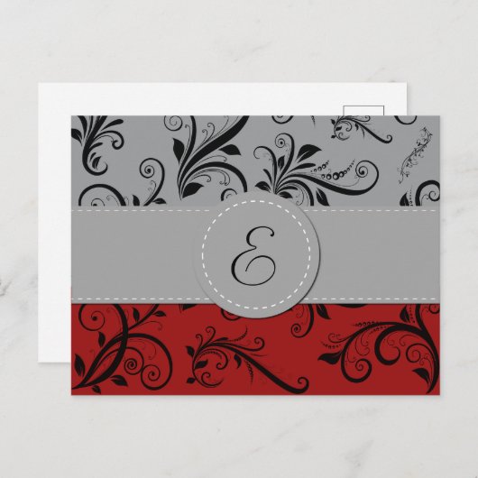 Monogram - Damask, siervoorwerpen, Swirls - Red Bl Briefkaart (Voorkant / Achterkant)