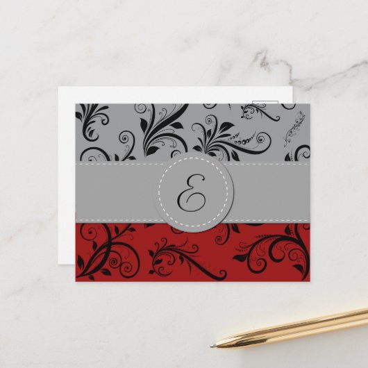 Monogram - Damask, siervoorwerpen, Swirls - Red Bl Briefkaart (Voorkant / Achterkant in situ)