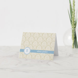 Monogram Damask Thank You Card - Blauw Notitiekaartje