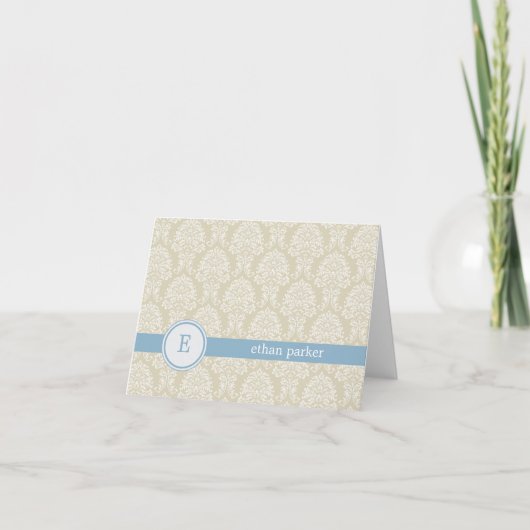 Monogram Damask Thank You Card - Blauw Notitiekaartje (Voorkant)