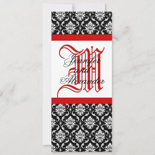 Monogram Damask Wedding Invitation Red & Black Kaart (Voorkant)