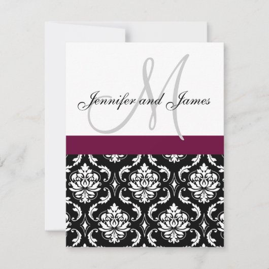 Monogram Damask Wedding Invitation Wine Red Kaart (Voorkant)