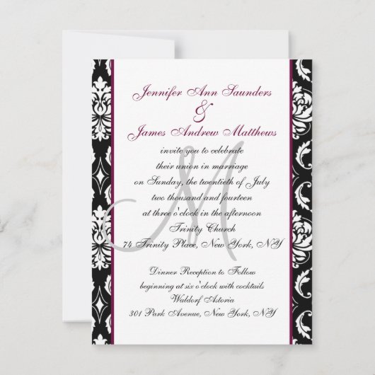 Monogram Damask Wedding Invitation Wine Red Kaart (Achterkant)