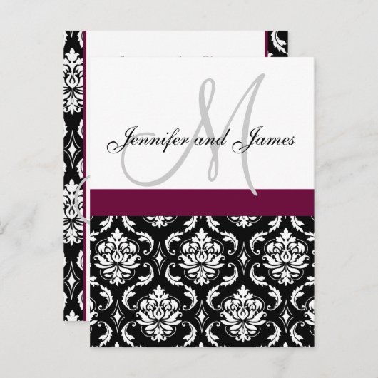 Monogram Damask Wedding Invitation Wine Red Kaart (Voorkant / Achterkant)