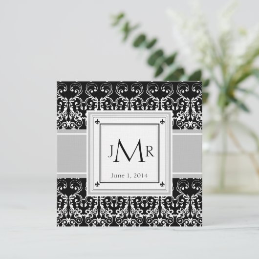 Monogram Damask Wedding Uitnodiging (Staand voorkant)