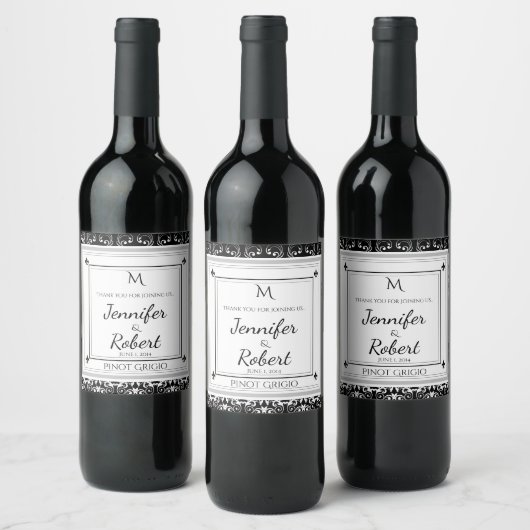 Monogram Damask Wedding Wine Bottle Label Wijn Etiket (Flessen)