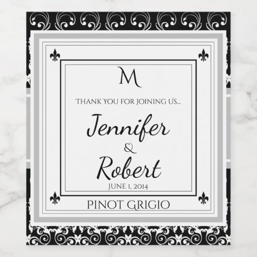 Monogram Damask Wedding Wine Bottle Label Wijn Etiket (Enkel label)