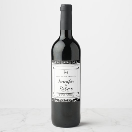 Monogram Damask Wedding Wine Bottle Label Wijn Etiket (Voorkant)