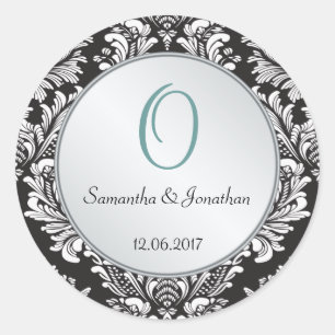 Monogram Damask zwart wit Bruiloft Sticker