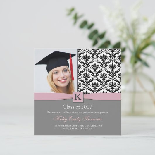 Monogram Damask zwarte witte GraduPartij Kaart (Staand voorkant)