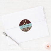 Monogram Damast Bruin Blauw Huwelijkszegel Ronde Sticker (Envelop)