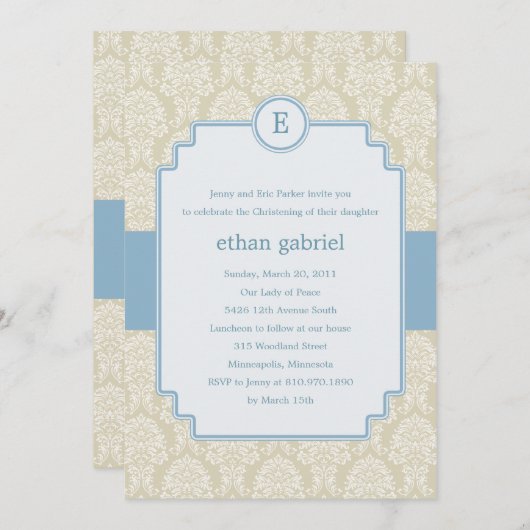 Monogram Damast Doop/Doopuitnodiging - Blauw Kaart (Voorkant / Achterkant)