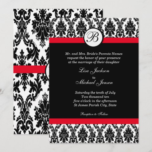 Monogram Damast met rode bruiloft uitnodiging (Voorkant / Achterkant)