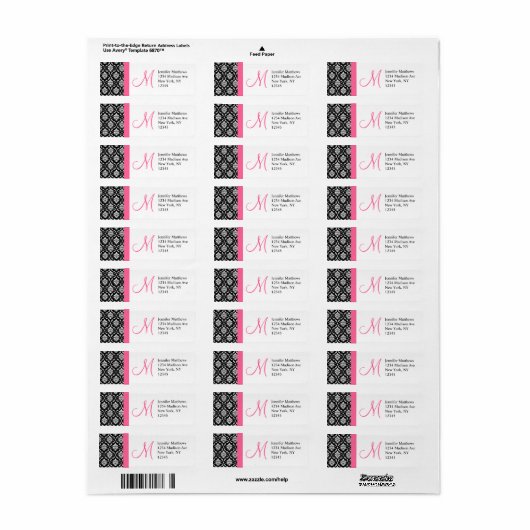 Monogram Damast roze Adresetiketten Etiket (Full Sheet)